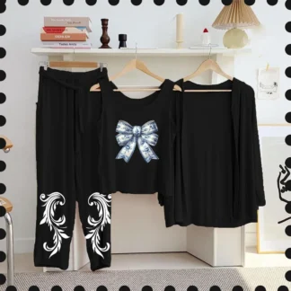 3 Pcs Black Printed Night Suit Jersey Cozy Wear