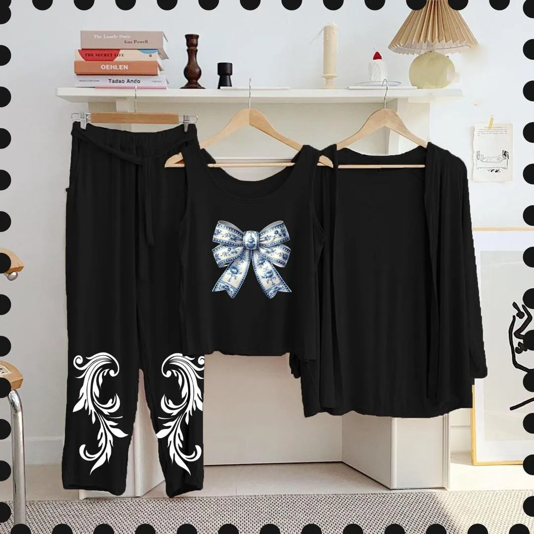 3 Pcs Black Printed Night Suit Jersey Cozy Wear - Image 2