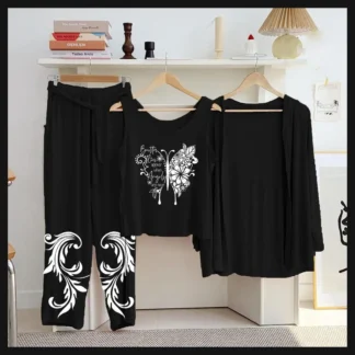 Black Butterfly Printed 3-Piece Night Suit for Home