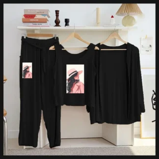 3 Pcs Black Printed Jersey Night Suit for Women