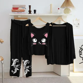Black Cat Print 3-Piece Night Suit for Women