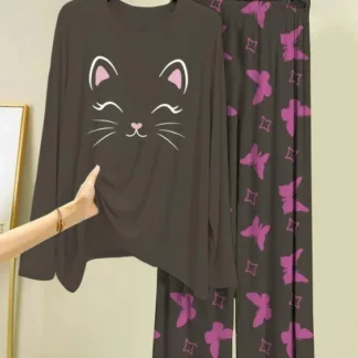 Women Grey Cat Print Night Suit 2 Pcs Cotton Jersey