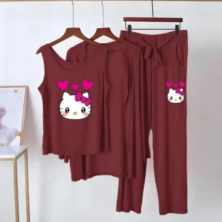 Maroon Hello Kitty 3 Pcs Jersey Night Suit