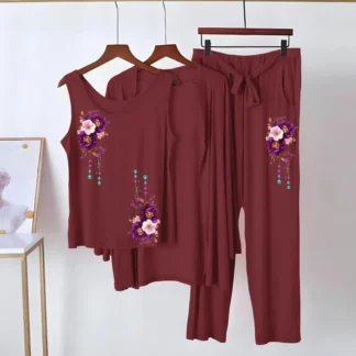 Maroon Printed 3 Pcs Women's Night Suit Jersey