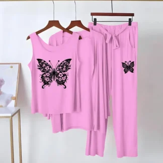 Pink Butterfly Printed 3-Piece Night Suit for Women