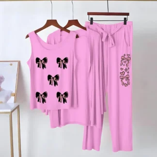 Women Printed Night Suit 3 Pcs Pink Jersey Cozy