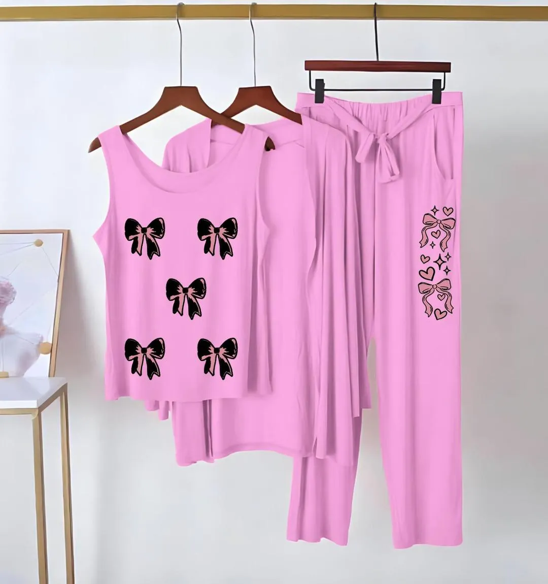Women Printed Night Suit 3 Pcs Pink Jersey Cozy - Image 2