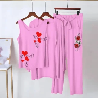 Women Printed Jersey Night Suit Pink 3Pcs Set