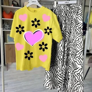 Yellow Heart & Flower Night Suit with Zebra Print