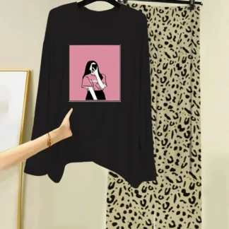 Leopard Print 2-Piece Night Suit Black Cotton Jersey