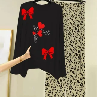 Black Bow Print Night Suit with Leopard Pants