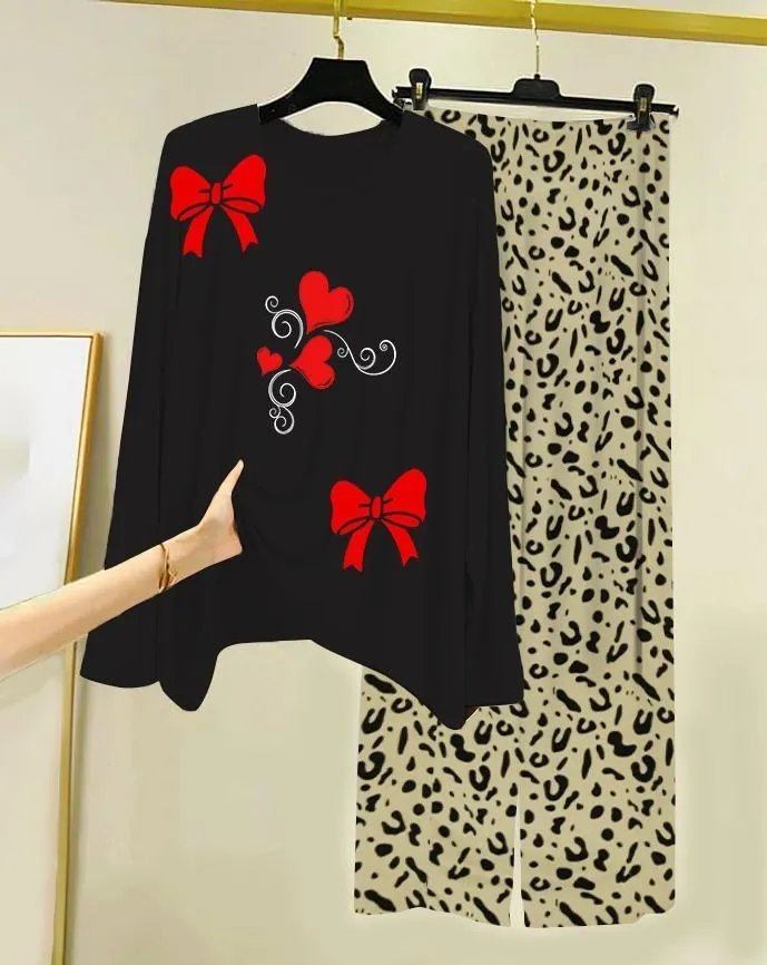 Black Bow Print Night Suit with Leopard Pants - Image 2