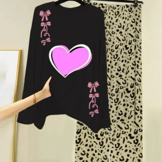 Pakistani Night Suit Black Pink Heart Leopard Print