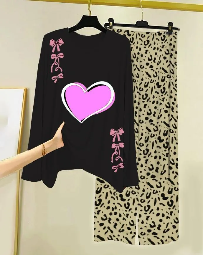 Pakistani Night Suit Black Pink Heart Leopard Print - Image 3