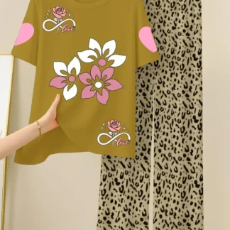 Women Printed Night Suit Mustard Leopard Print 2Pcs