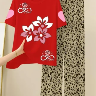 Red Printed Women's 2-Piece Night Suit Medium to XL