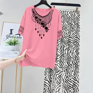 Pink Floral Embroidered 2-Piece Night Suit with Zebra Print