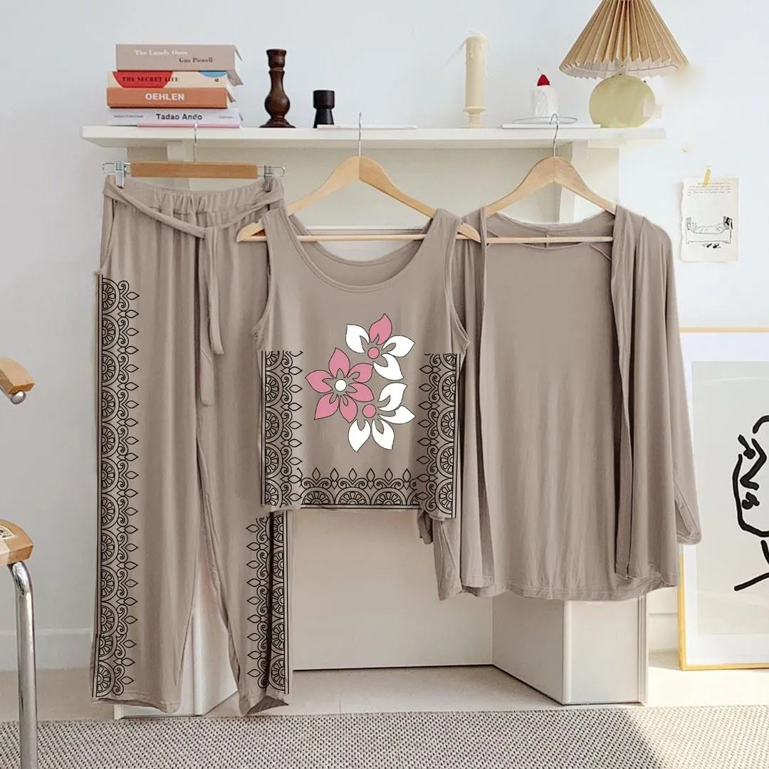 Beige Floral 3-Piece Night Suit for Women - Image 2