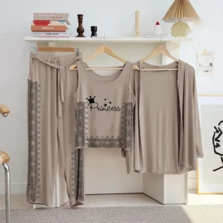 Beige Printed 3 Pcs Women Night Suit Jersey