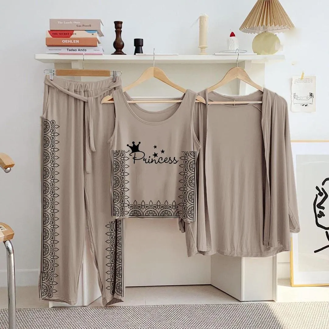 Beige Printed 3 Pcs Women Night Suit Jersey - Image 3