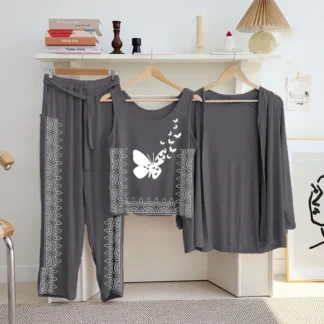 Grey Printed 3-Piece Women's Night Suit Set