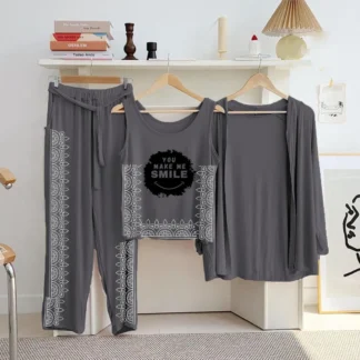 Women Grey Printed 3-Piece Night Suit Set