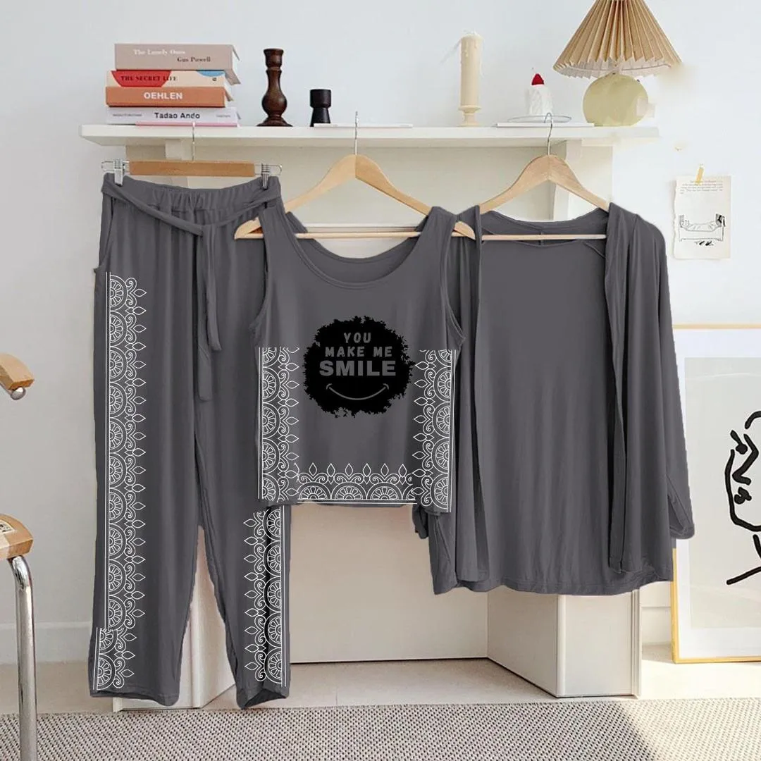 Women Grey Printed 3-Piece Night Suit Set