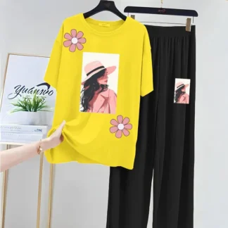 Yellow Printed 2-Piece Night Suit for Women Medium to XL