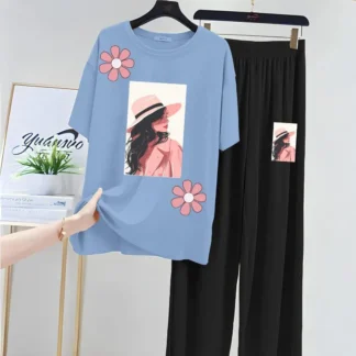 Women Printed Night Suit Turquoise Jersey 2 Pcs Medium to XL