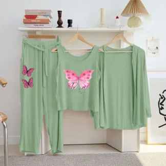 Green Printed 3 Pcs Women Night Suit Jersey