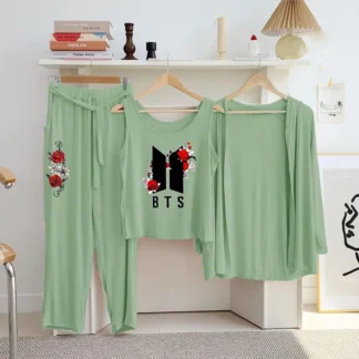Green Printed 3Pc Women Night Suit with BTS Design