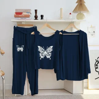 Blue Butterfly Print 3-Piece Night Suit Set