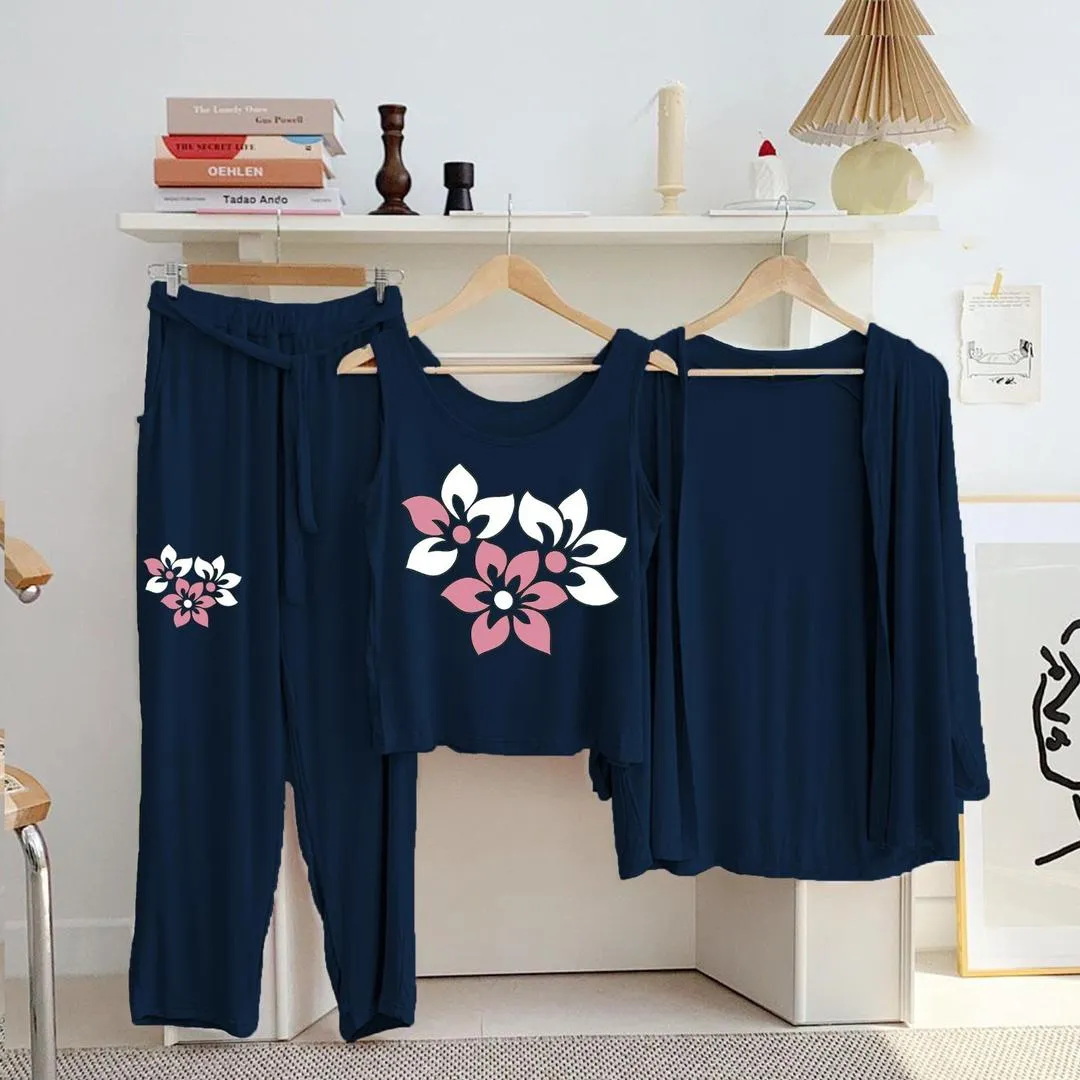 3-Piece Floral Night Suit Navy Blue Jersey Set - Image 3