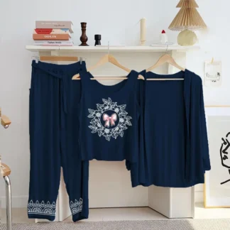 Blue Floral Bow Print 3-Piece Night Suit Set