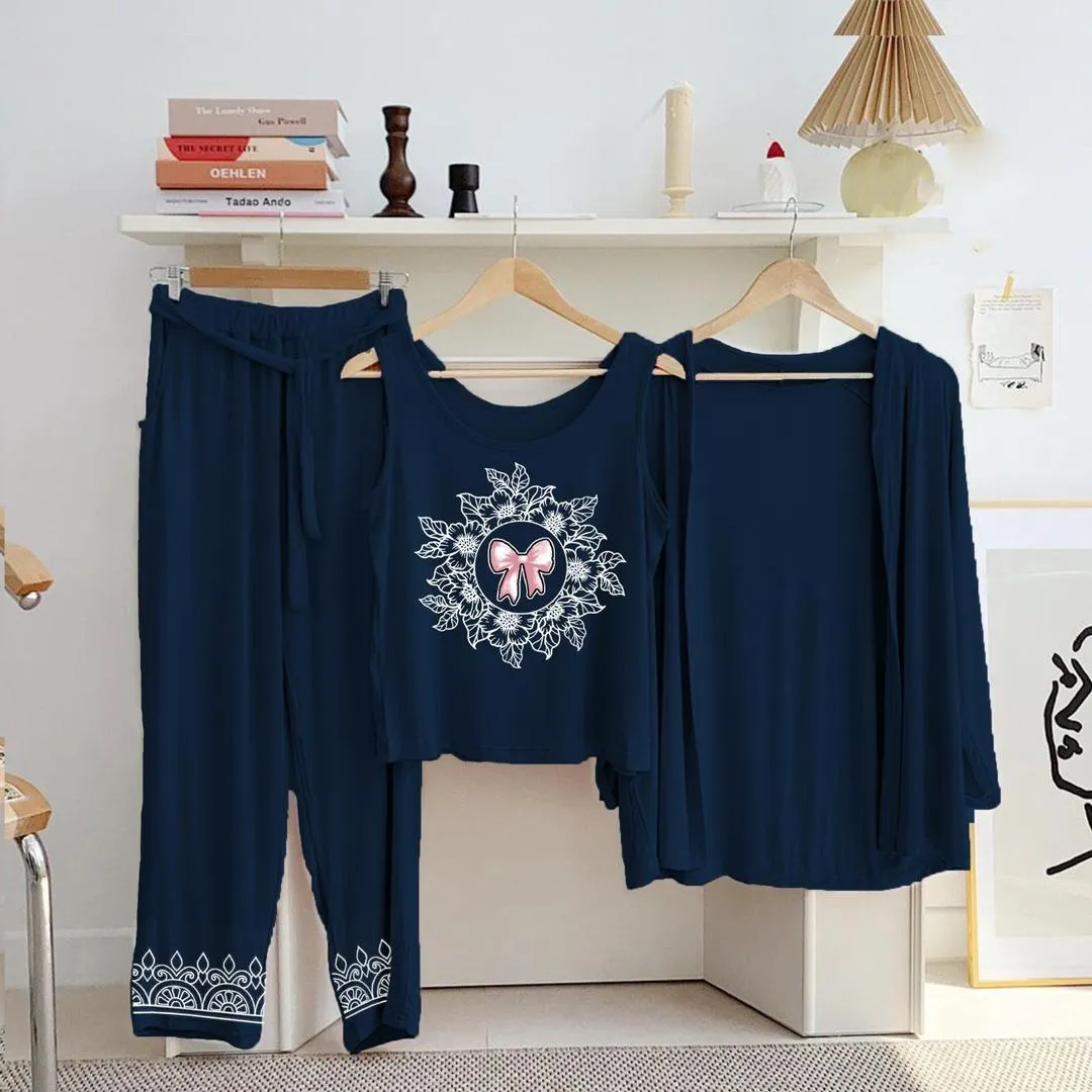 Blue Floral Bow Print 3-Piece Night Suit Set - Image 3
