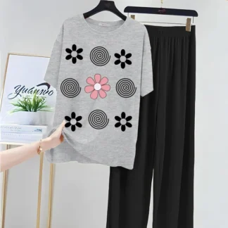 Grey Printed 2Pcs Women Night Suit