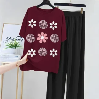 Maroon Printed Night Suit for Women 2 Pcs Jersey Set