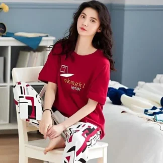 Red Printed Night Suit 2-Piece Jersey Set Medium to XL