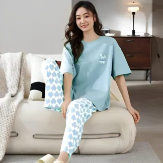 Stylish Printed Night Suit Turquoise Jersey Medium to XL