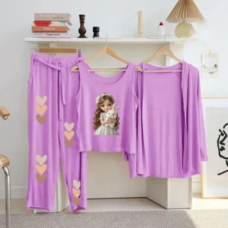 Purple Printed 3-Piece Night Suit for Women Jersey Fabric