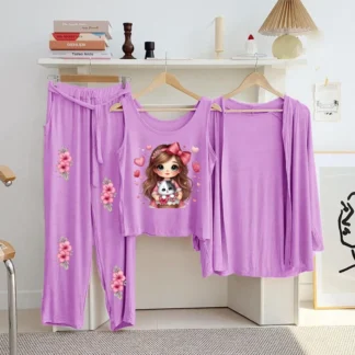 Purple Printed 3 Pcs Women Night Suit Jersey