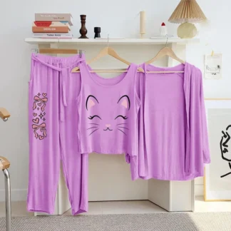 Purple Cat Print 3-Piece Night Suit for Women