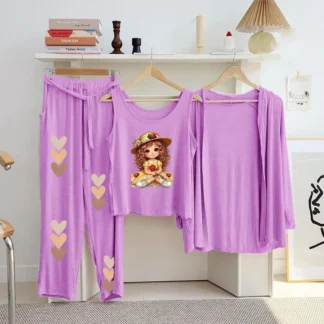 Purple 3 Pcs Printed Night Suit for Women