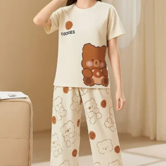 Women's Printed Night Suit Off White Cookie Bear Medium to XL