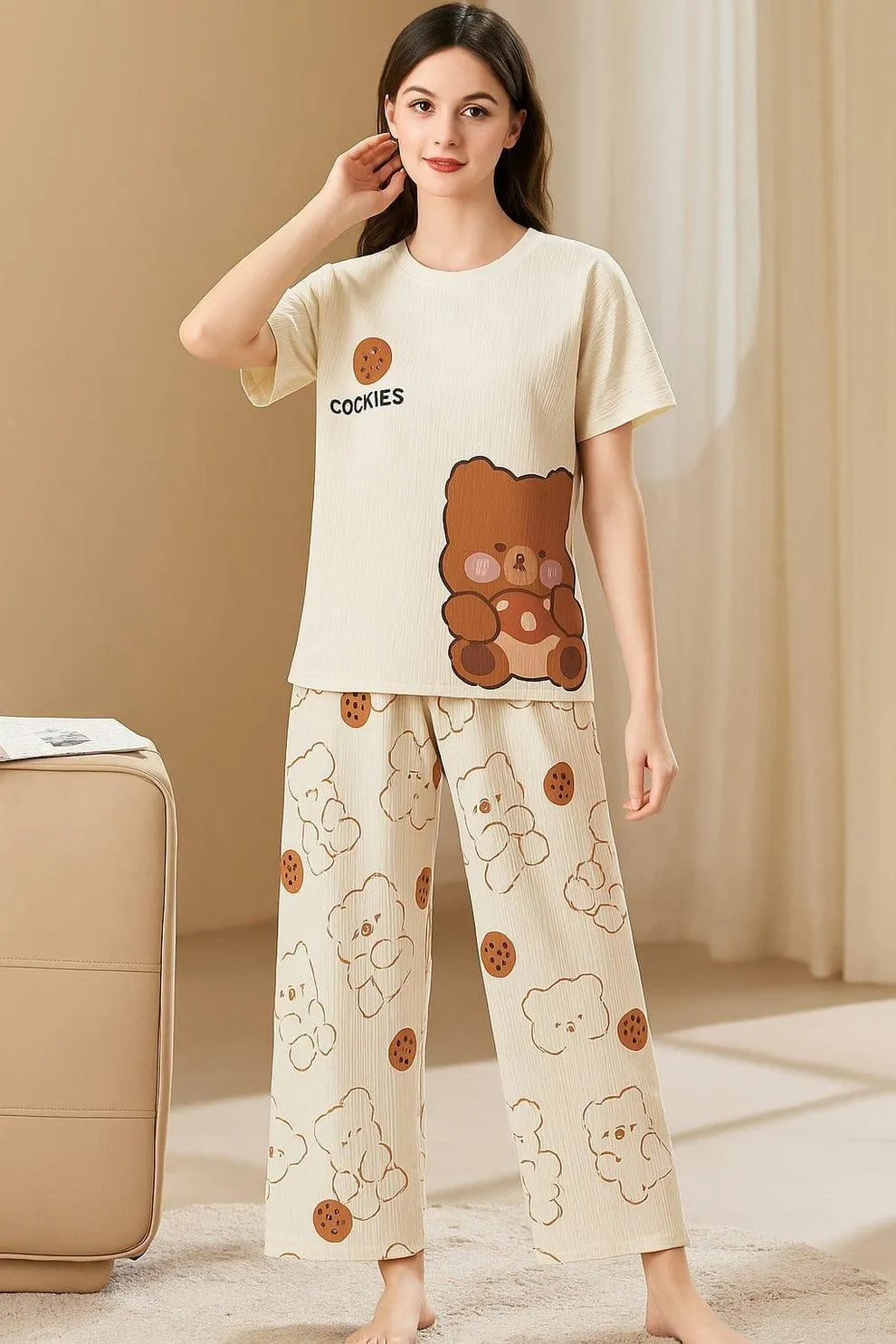 Women's Printed Night Suit Off White Cookie Bear Medium to XL