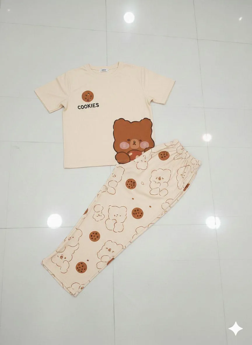 Women's Printed Night Suit Off White Cookie Bear Medium to XL - Image 2