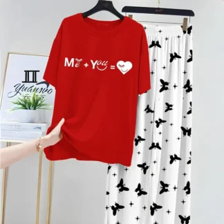 Women Red Printed Night Suit Set