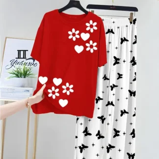 Red Printed Women's Night Suit Set with Butterfly Pants Medium to XL