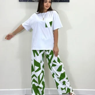 Women Printed Green White Night Suit Polyster Dry Fit Medium to XL