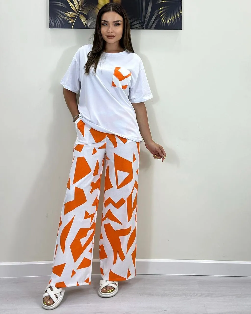 Women Orange Geometric Sleepwear Set Medium to XL